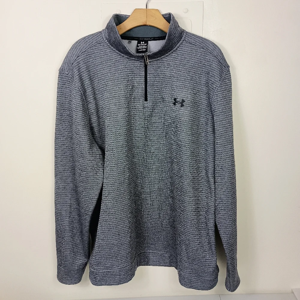 Under Armour Golf Pullover 2XL Mens Gray Striped 1/4 Zip Loose Storm Fleece